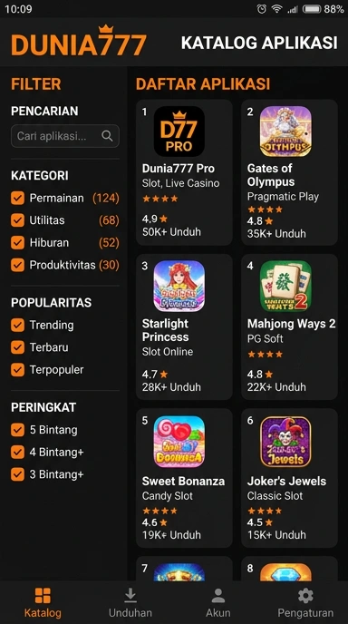 Tampilan katalog aplikasi dunia777